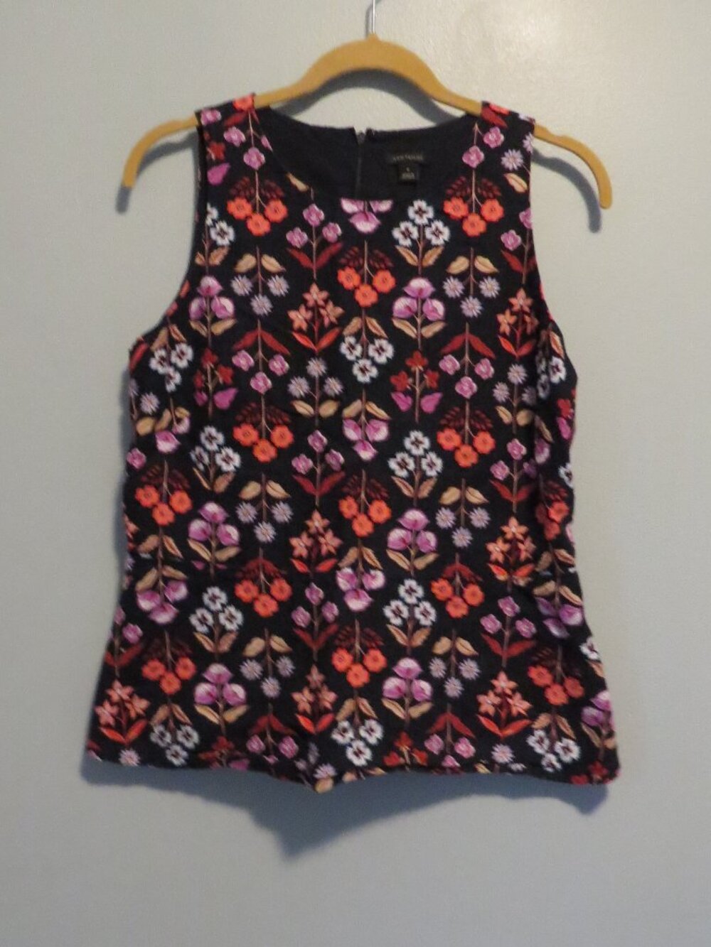 Ann Taylor Linen Blend Floral Print Zip Back Sleeveless Top Ruffle Bottom Sz 8